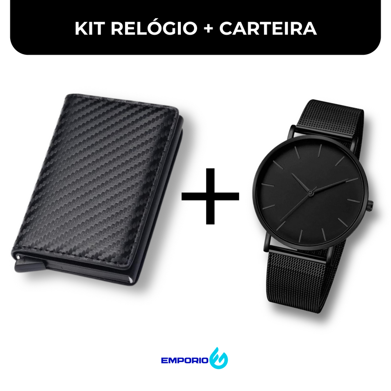 KIT Carteira Anti Furto Slim + Relógio All Black