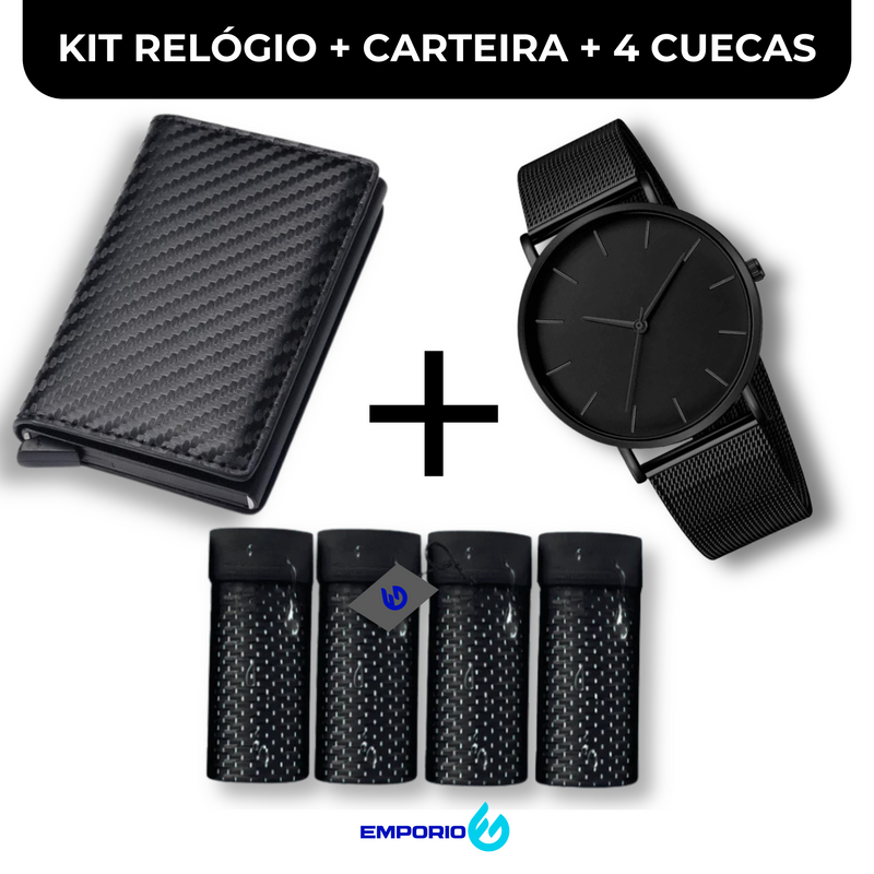 Kit Cuecas Super Premium + Carteira Antifurto Carbono + Relógio All Black